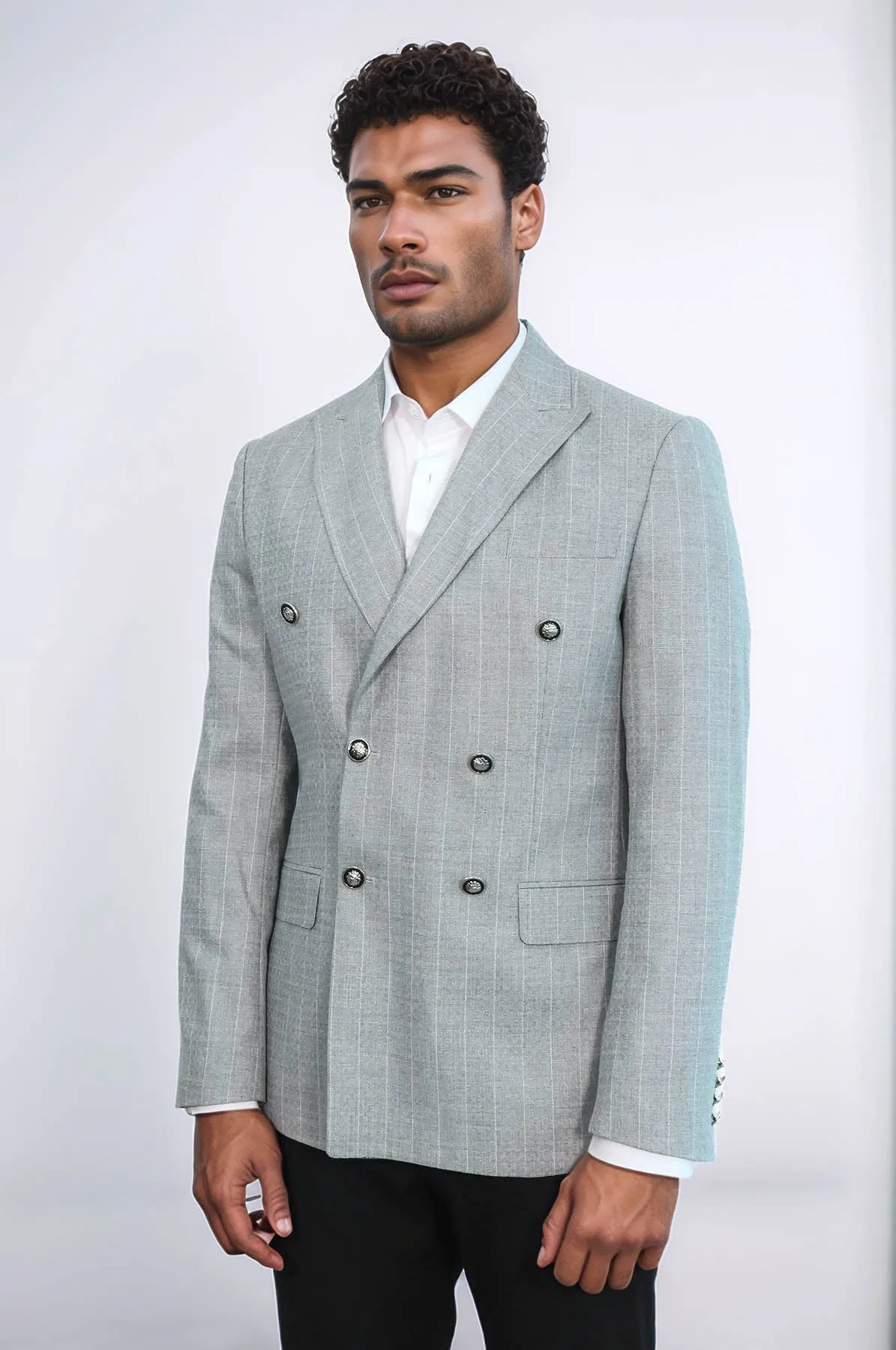Double Breasted Slim Fit Striped Grey Men Blazer - Wessi