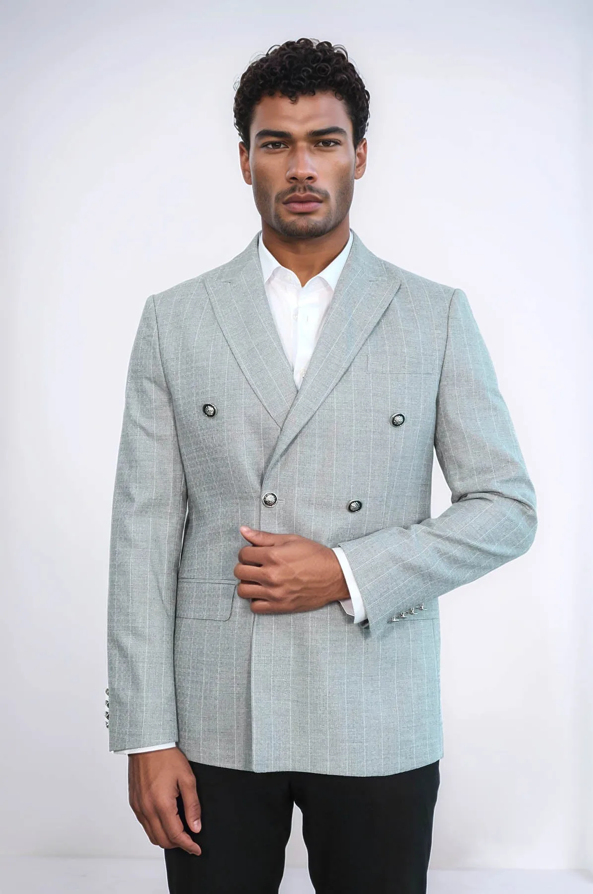 Double Breasted Slim Fit Striped Grey Men Blazer - Wessi