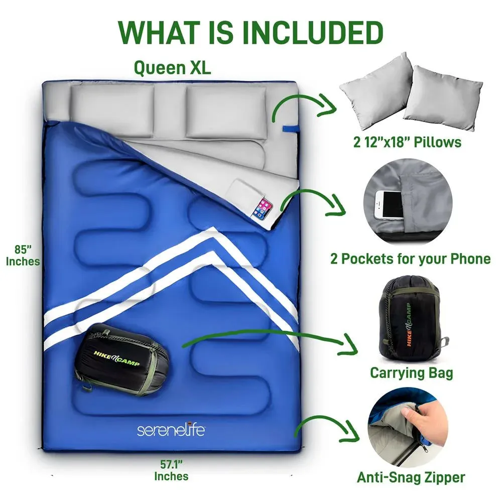 Double Sleeping Bag with Two Pillows- Lightweight & Waterproof