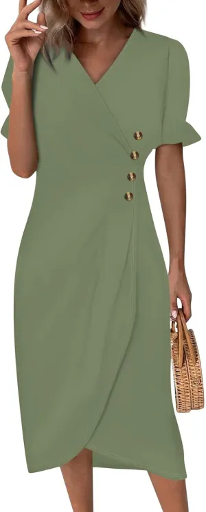 Dresses for Women 2024 Spring Summer Trendy Elegant V Neck Wrap Floral Dress Flowy Ruched Irregular Hem Midi Dresses