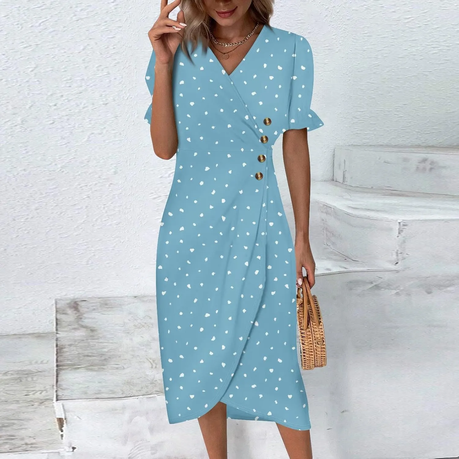 Dresses for Women 2024 Spring Summer Trendy Elegant V Neck Wrap Floral Dress Flowy Ruched Irregular Hem Midi Dresses