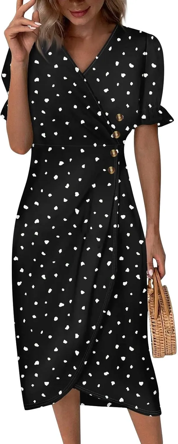 Dresses for Women 2024 Spring Summer Trendy Elegant V Neck Wrap Floral Dress Flowy Ruched Irregular Hem Midi Dresses