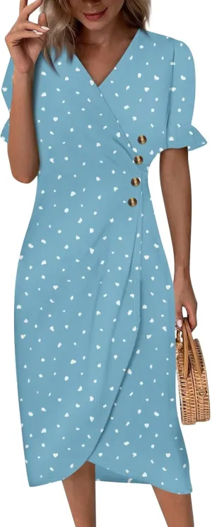Dresses for Women 2024 Spring Summer Trendy Elegant V Neck Wrap Floral Dress Flowy Ruched Irregular Hem Midi Dresses