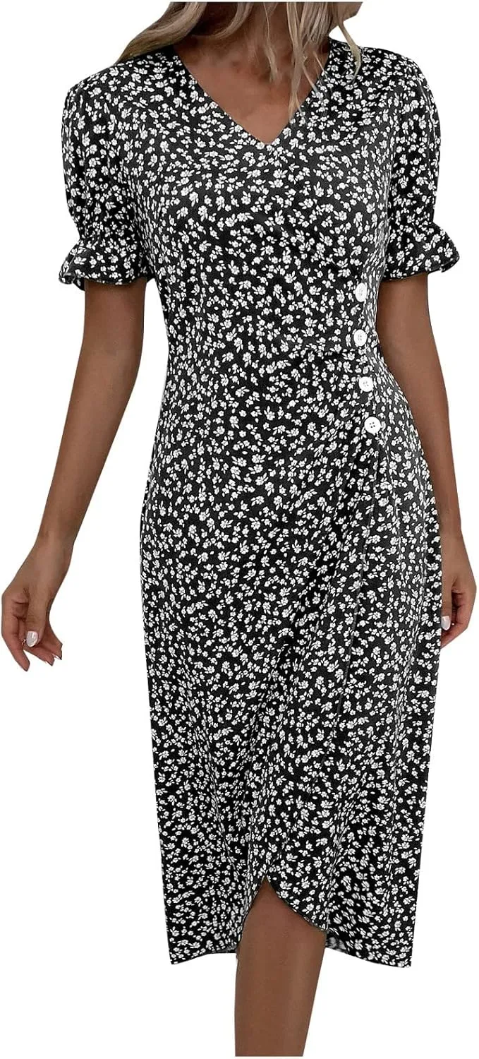 Dresses for Women 2024 Spring Summer Trendy Elegant V Neck Wrap Floral Dress Flowy Ruched Irregular Hem Midi Dresses