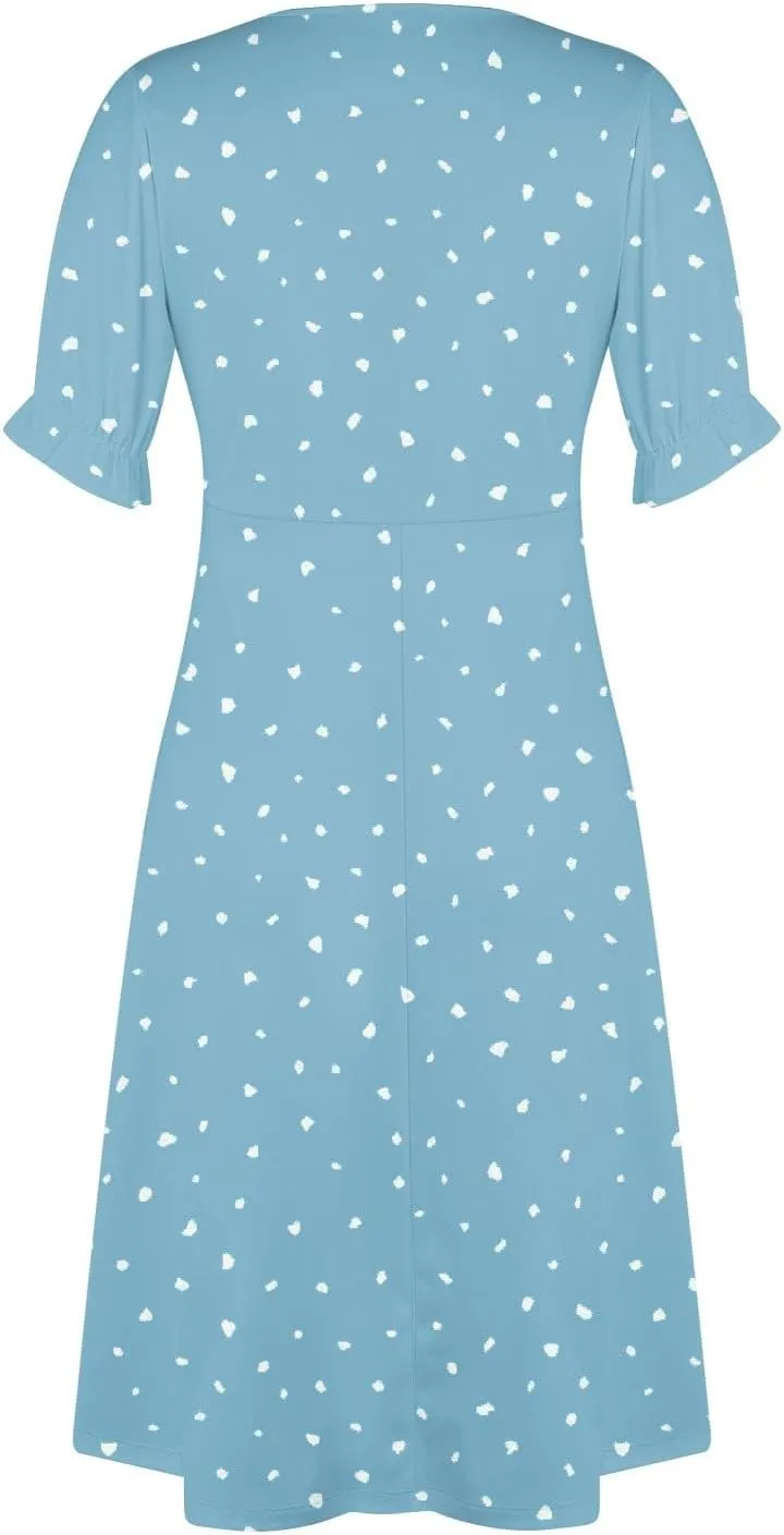 Dresses for Women 2024 Spring Summer Trendy Elegant V Neck Wrap Floral Dress Flowy Ruched Irregular Hem Midi Dresses