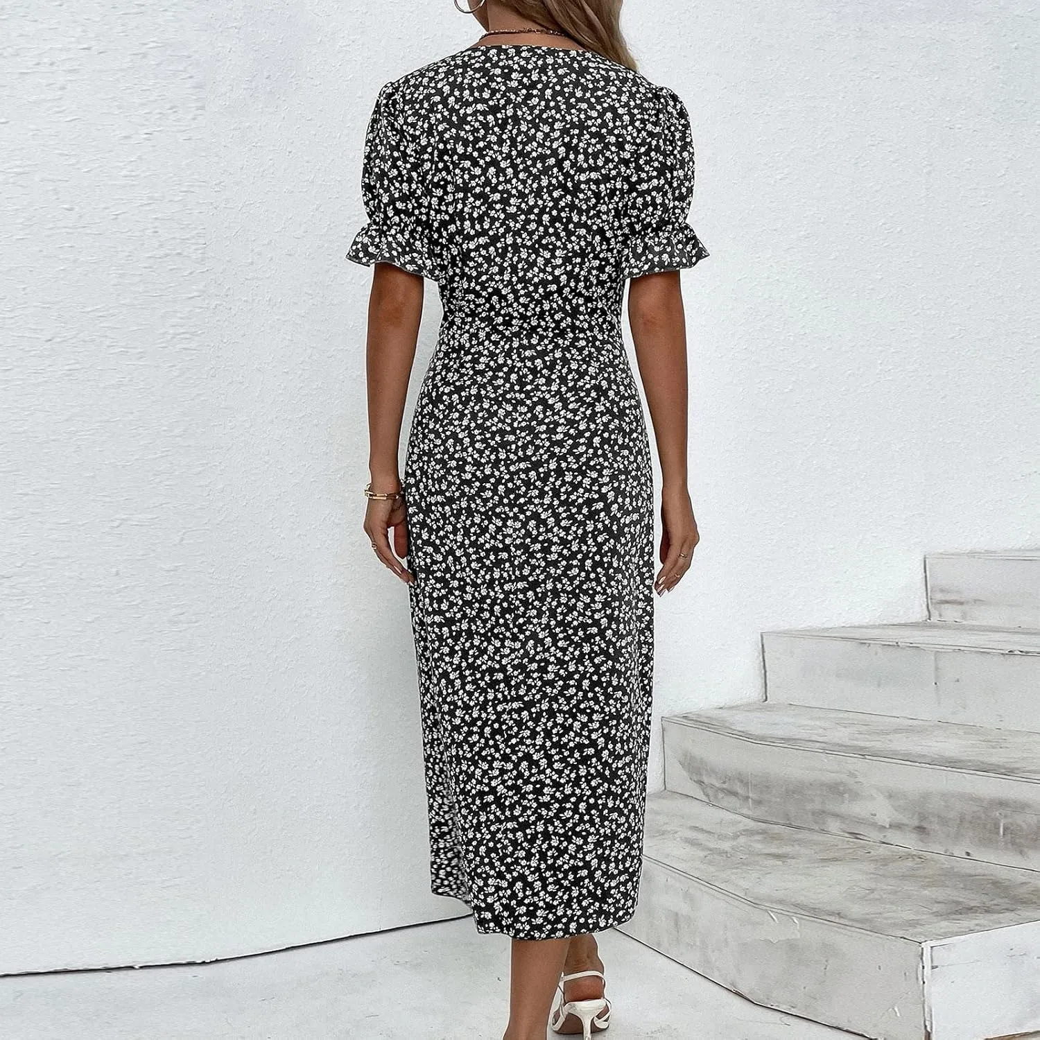 Dresses for Women 2024 Spring Summer Trendy Elegant V Neck Wrap Floral Dress Flowy Ruched Irregular Hem Midi Dresses