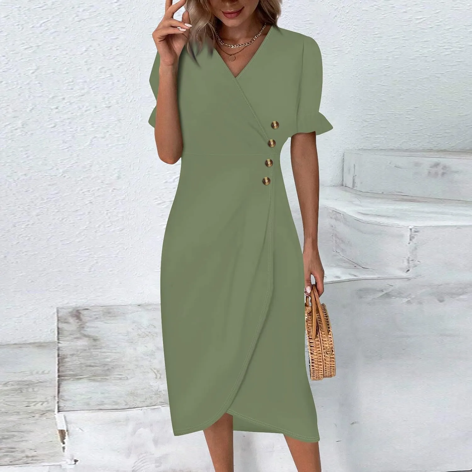 Dresses for Women 2024 Spring Summer Trendy Elegant V Neck Wrap Floral Dress Flowy Ruched Irregular Hem Midi Dresses