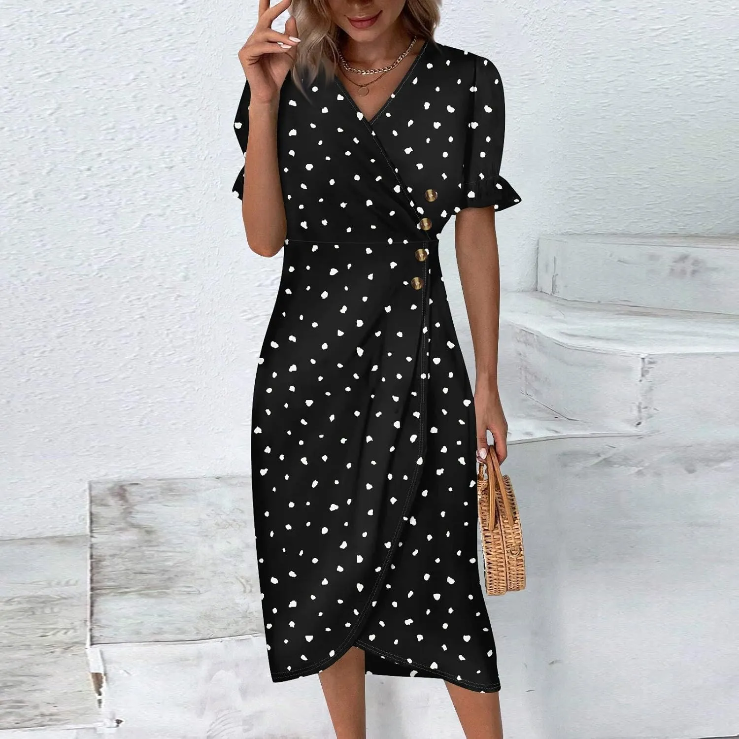 Dresses for Women 2024 Spring Summer Trendy Elegant V Neck Wrap Floral Dress Flowy Ruched Irregular Hem Midi Dresses