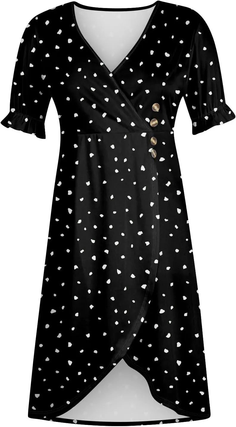 Dresses for Women 2024 Spring Summer Trendy Elegant V Neck Wrap Floral Dress Flowy Ruched Irregular Hem Midi Dresses