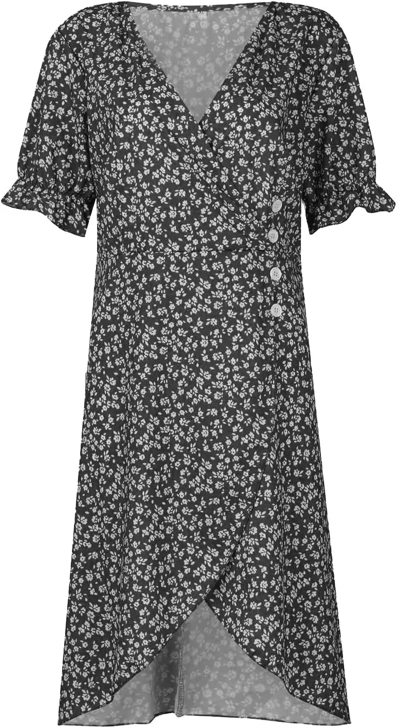 Dresses for Women 2024 Spring Summer Trendy Elegant V Neck Wrap Floral Dress Flowy Ruched Irregular Hem Midi Dresses