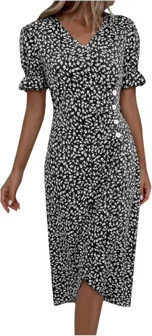 Dresses for Women 2024 Spring Summer Trendy Elegant V Neck Wrap Floral Dress Flowy Ruched Irregular Hem Midi Dresses