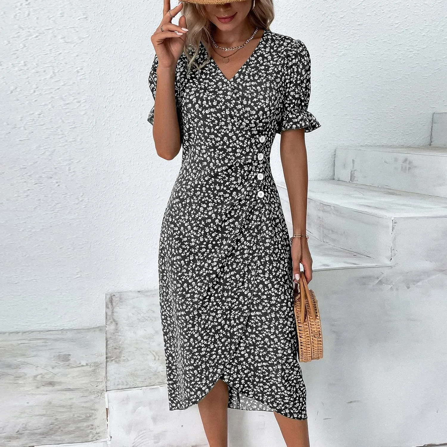 Dresses for Women 2024 Spring Summer Trendy Elegant V Neck Wrap Floral Dress Flowy Ruched Irregular Hem Midi Dresses