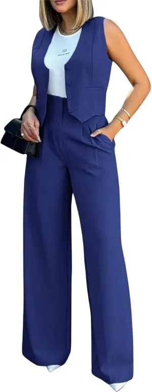 Elegant & Casual Women's Fashionable Blazer Vest & Wide-Leg Pants Set - Stylish & Comfortable for Daily Wear