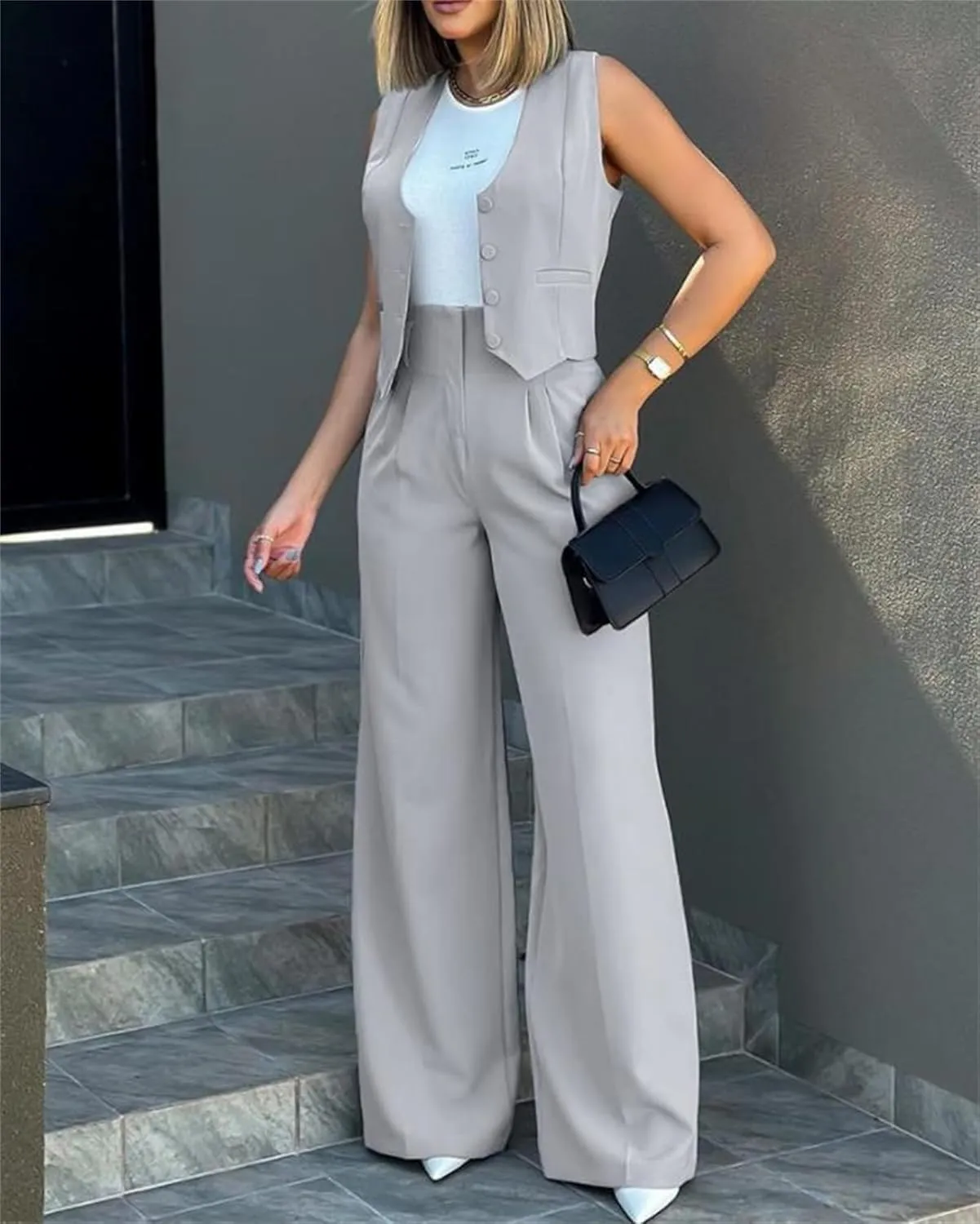 Elegant & Casual Women's Fashionable Blazer Vest & Wide-Leg Pants Set - Stylish & Comfortable for Daily Wear