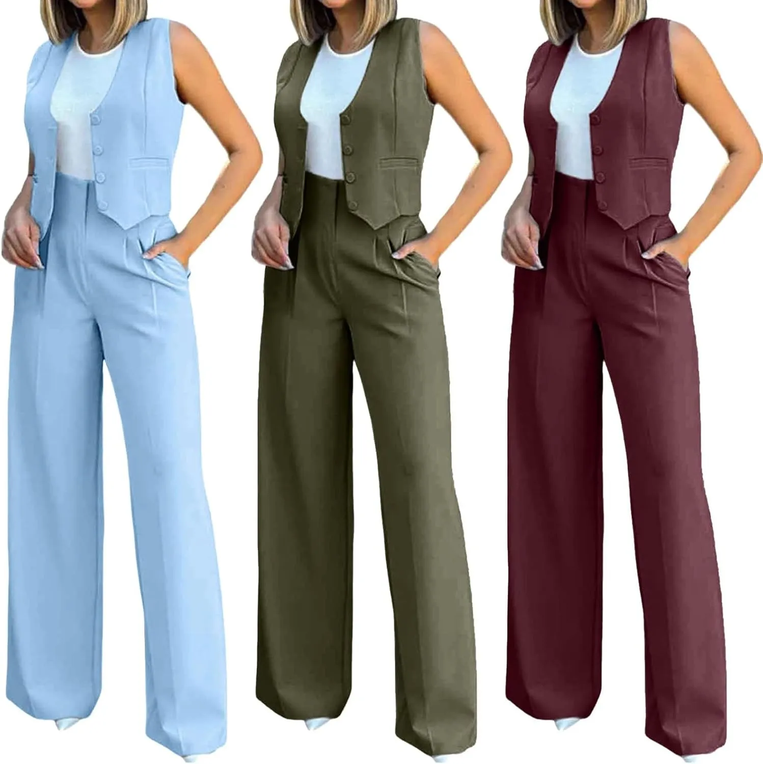 Elegant & Casual Women's Fashionable Blazer Vest & Wide-Leg Pants Set - Stylish & Comfortable for Daily Wear