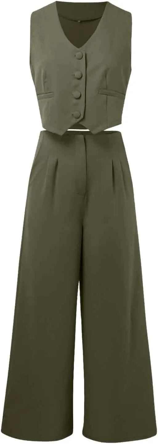 Elegant & Casual Women's Fashionable Blazer Vest & Wide-Leg Pants Set - Stylish & Comfortable for Daily Wear