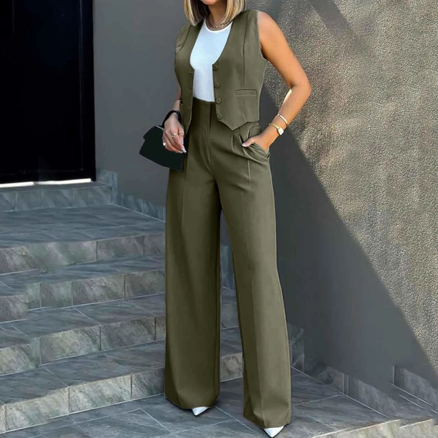 Elegant & Casual Women's Fashionable Blazer Vest & Wide-Leg Pants Set - Stylish & Comfortable for Daily Wear