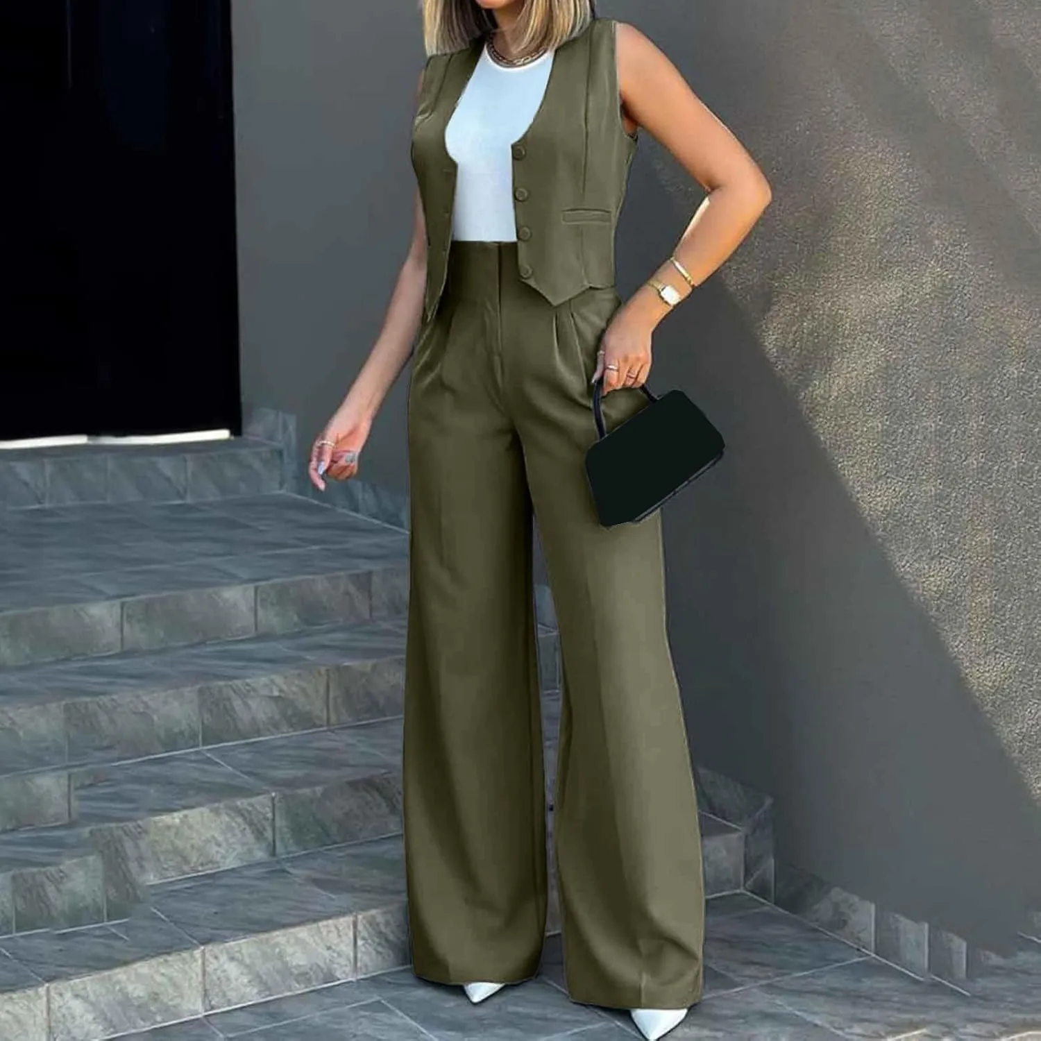 Elegant & Casual Women's Fashionable Blazer Vest & Wide-Leg Pants Set - Stylish & Comfortable for Daily Wear