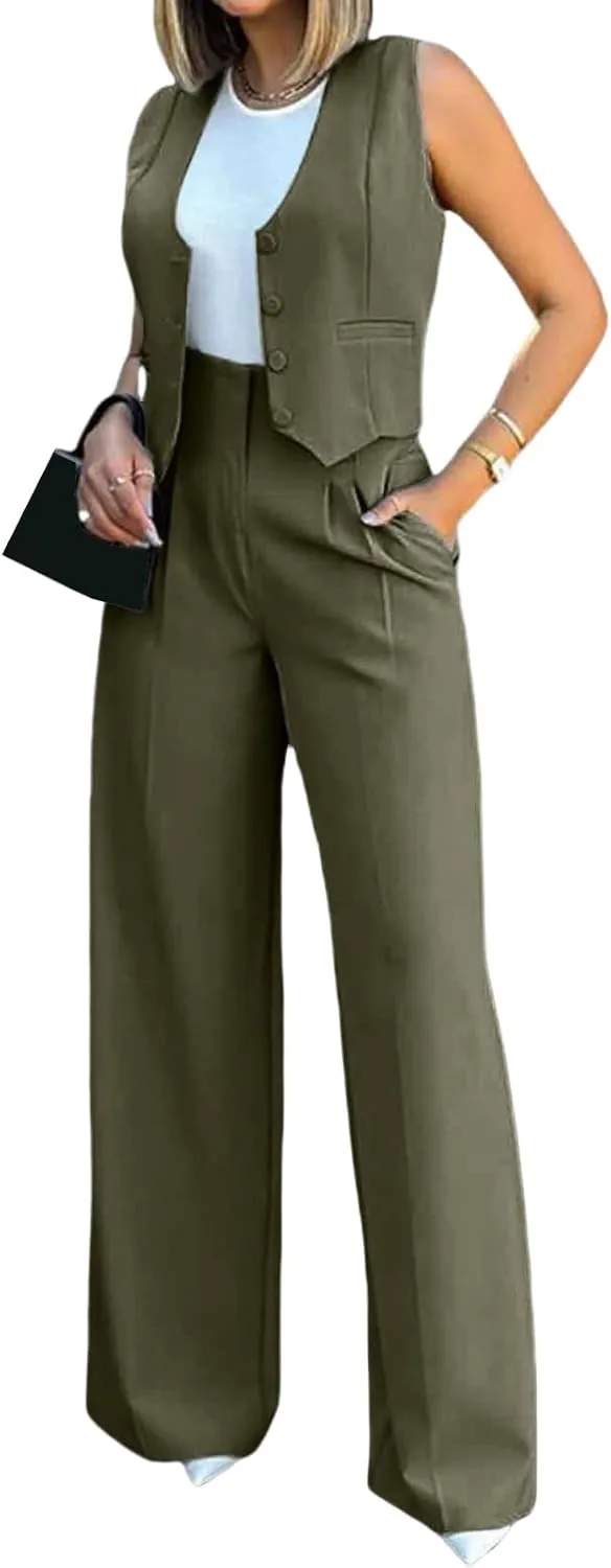 Elegant & Casual Women's Fashionable Blazer Vest & Wide-Leg Pants Set - Stylish & Comfortable for Daily Wear
