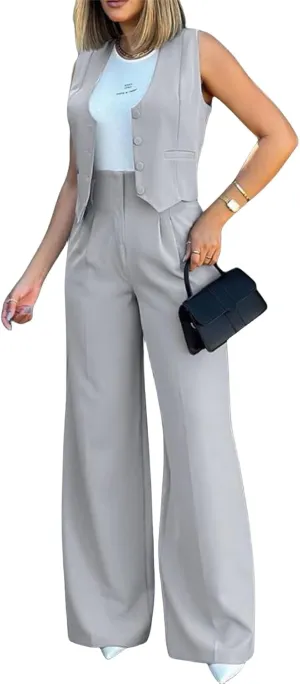 Elegant & Casual Women's Fashionable Blazer Vest & Wide-Leg Pants Set - Stylish & Comfortable for Daily Wear