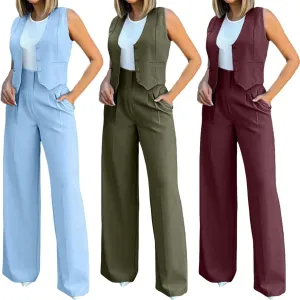 Elegant & Casual Women's Fashionable Blazer Vest & Wide-Leg Pants Set - Stylish & Comfortable for Daily Wear