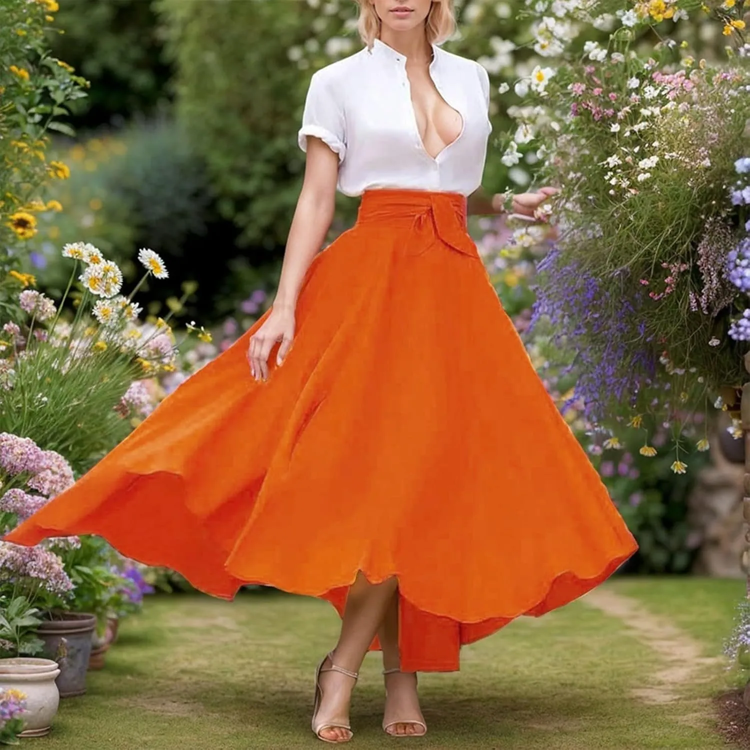 Elegant High Waist Skirt for Women Casual Bohemian Maxi Skirt with Pockets Asymmetrical Hem Skirts for Women Midi