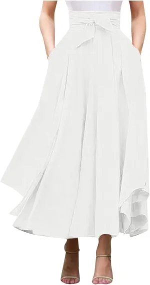Elegant High Waist Skirt for Women Casual Bohemian Maxi Skirt with Pockets Asymmetrical Hem Skirts for Women Midi