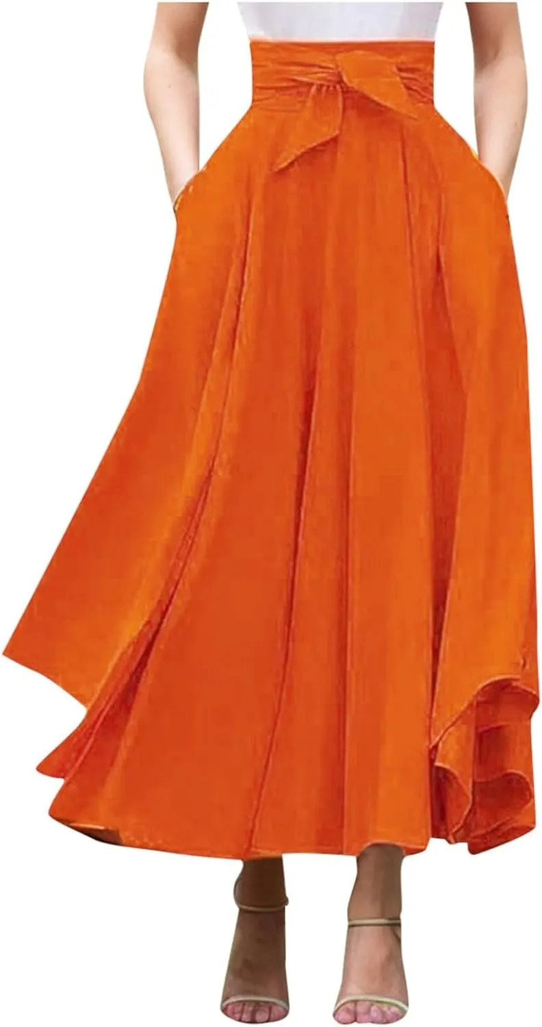 Elegant High Waist Skirt for Women Casual Bohemian Maxi Skirt with Pockets Asymmetrical Hem Skirts for Women Midi