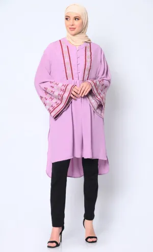 Elegant Machine-Embroidered Lavendar Tunic with Flared Sleeves