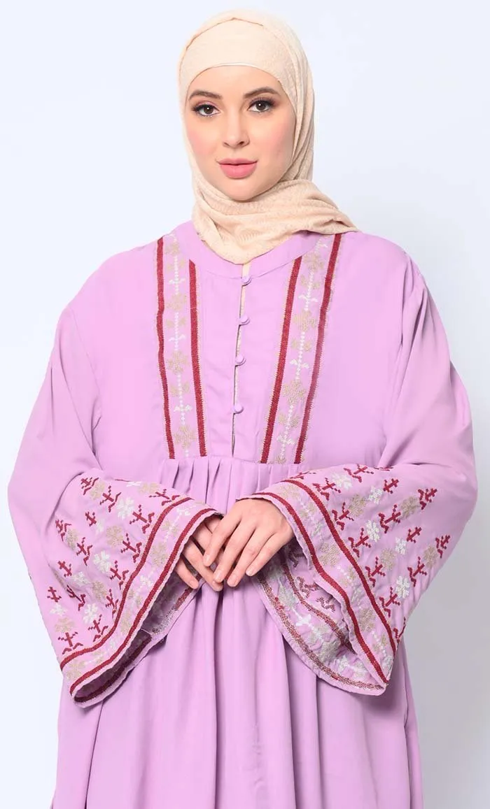 Elegant Machine-Embroidered Lavendar Tunic with Flared Sleeves