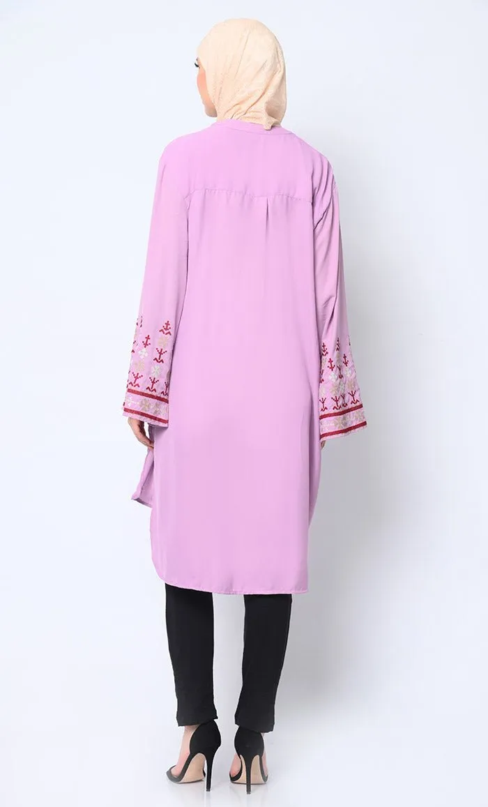 Elegant Machine-Embroidered Lavendar Tunic with Flared Sleeves