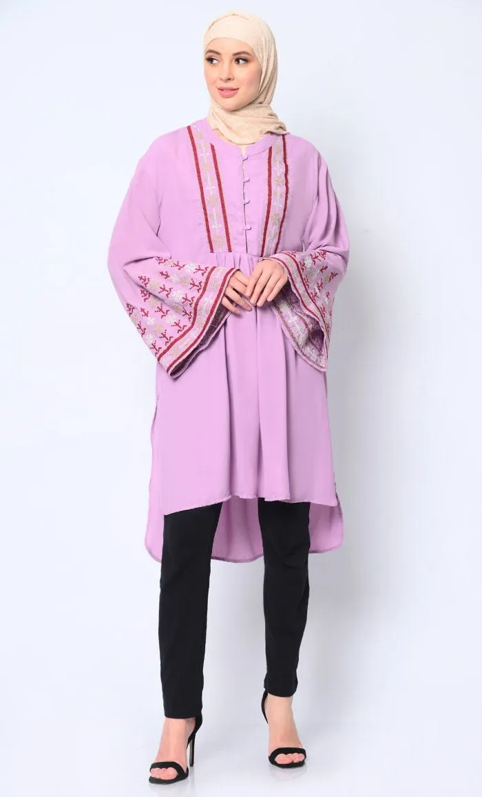Elegant Machine-Embroidered Lavendar Tunic with Flared Sleeves