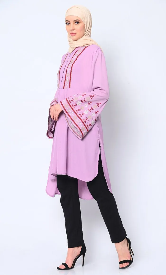 Elegant Machine-Embroidered Lavendar Tunic with Flared Sleeves