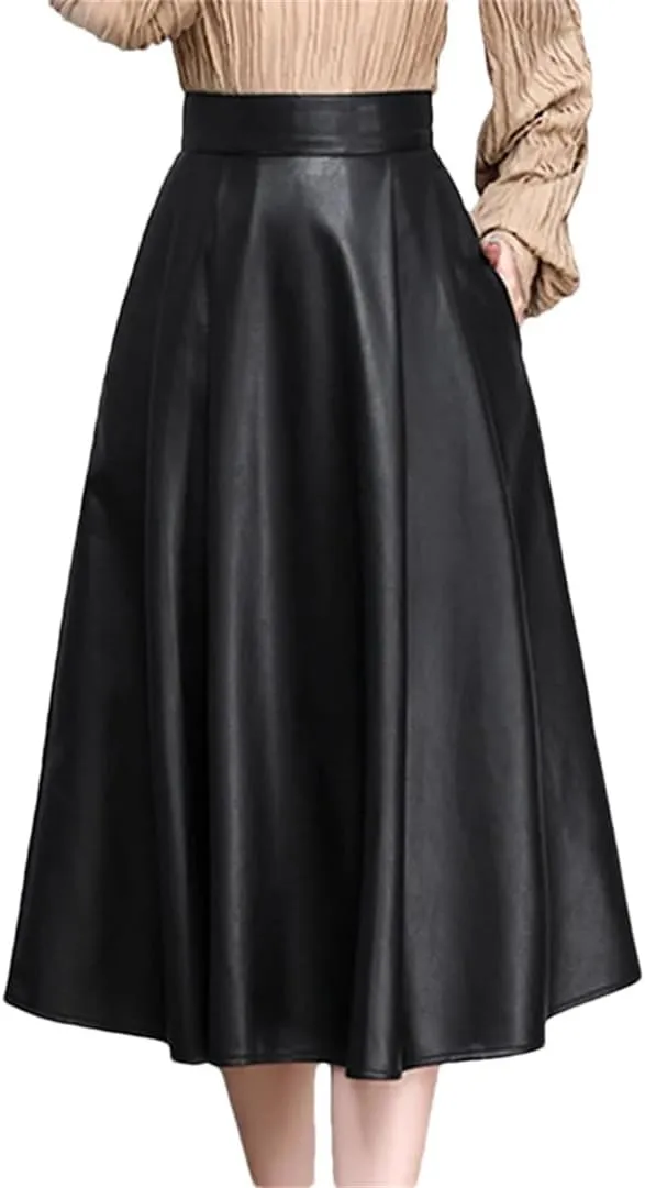 Elegant Solid PU Leather Skirts for Women High Waist Pleated A-Line Midi Skirts