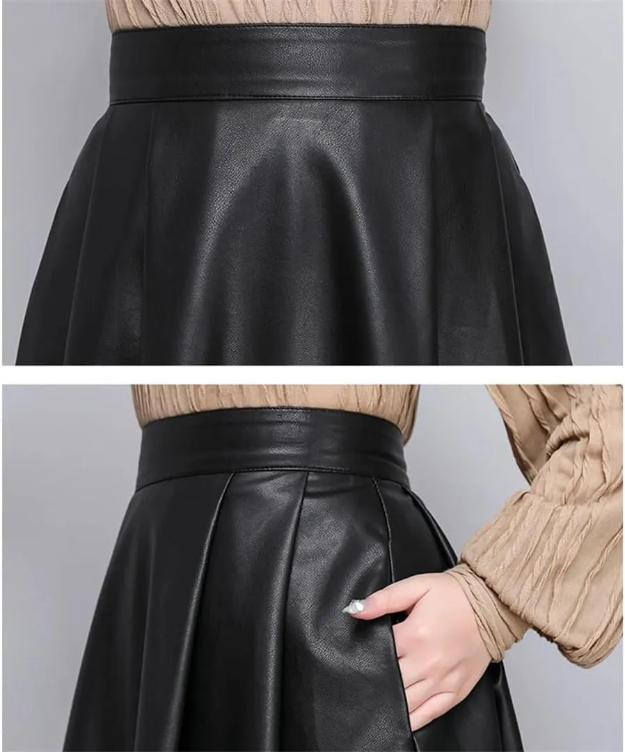 Elegant Solid PU Leather Skirts for Women High Waist Pleated A-Line Midi Skirts
