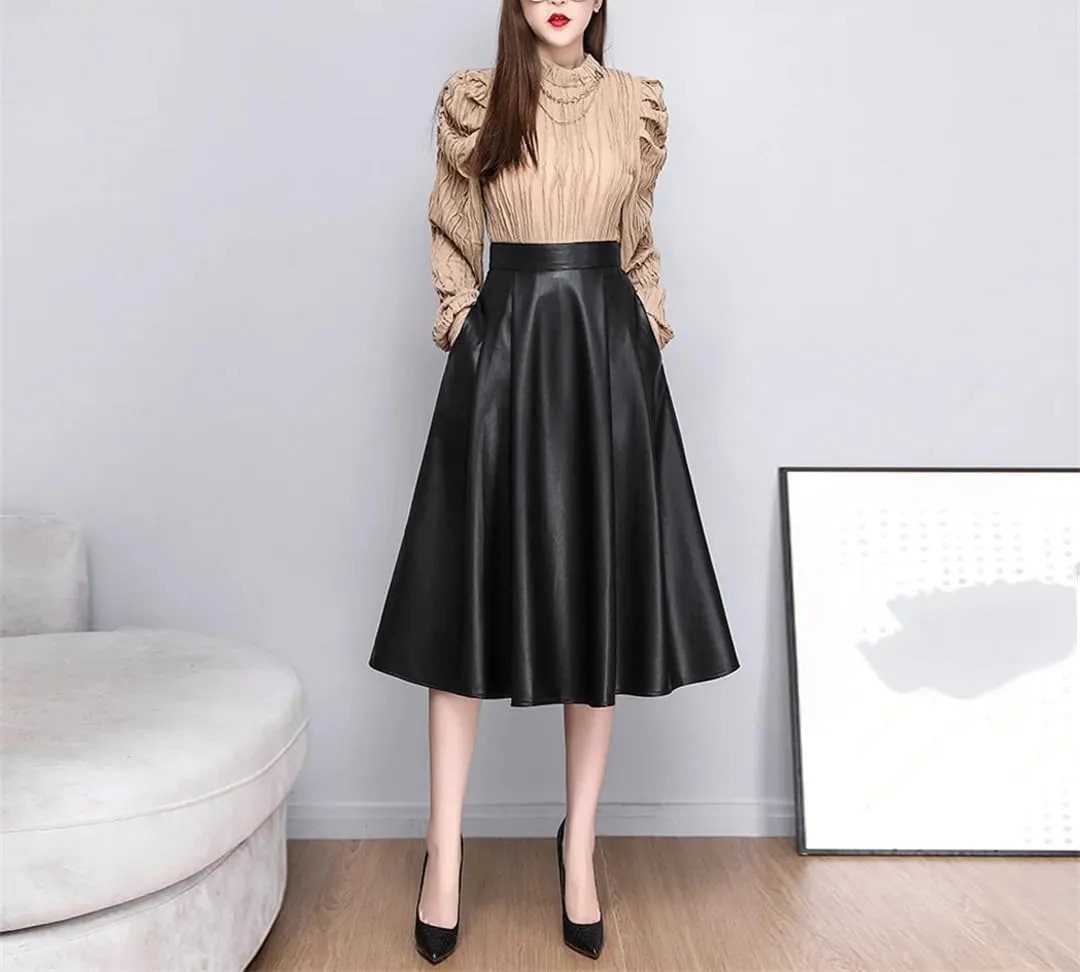 Elegant Solid PU Leather Skirts for Women High Waist Pleated A-Line Midi Skirts