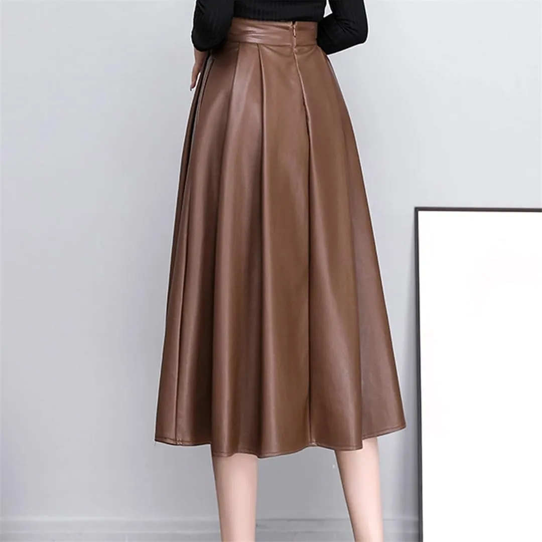 Elegant Solid PU Leather Skirts for Women High Waist Pleated A-Line Midi Skirts