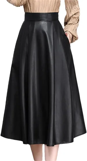 Elegant Solid PU Leather Skirts for Women High Waist Pleated A-Line Midi Skirts