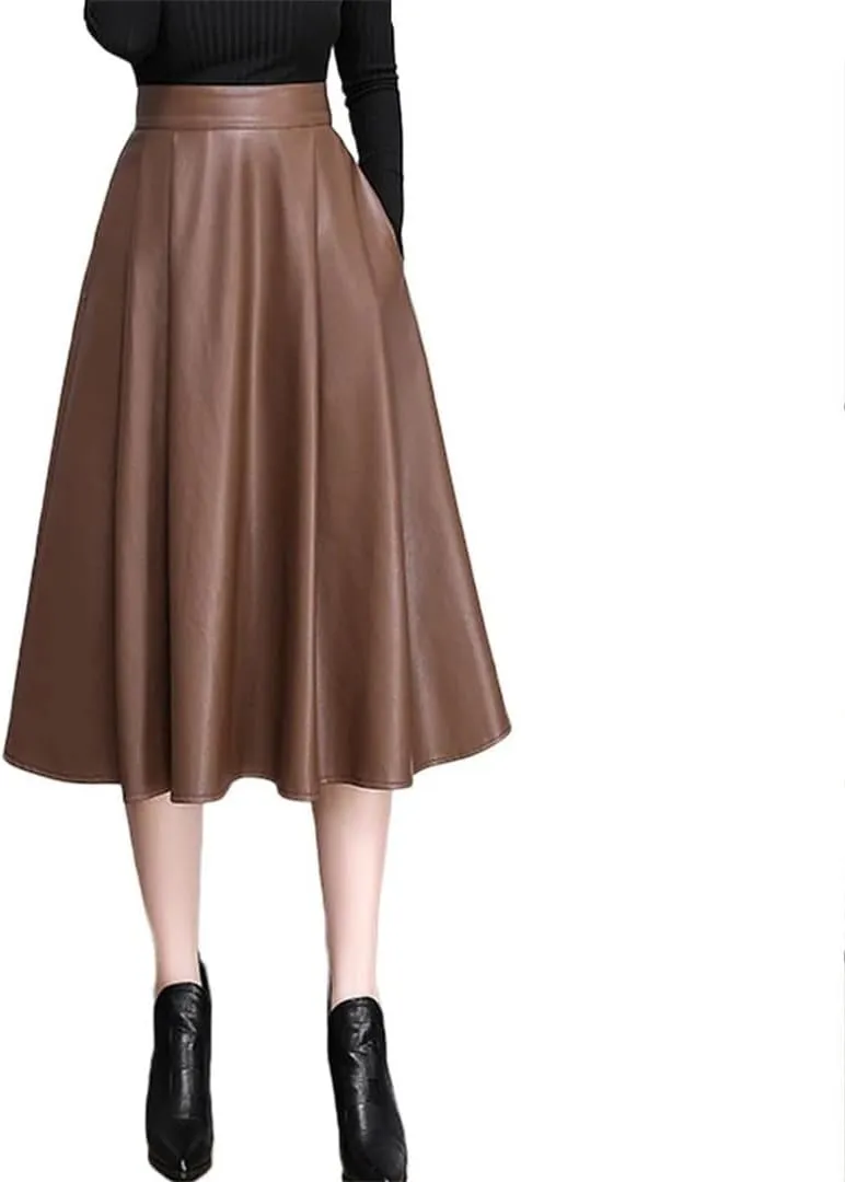 Elegant Solid PU Leather Skirts for Women High Waist Pleated A-Line Midi Skirts