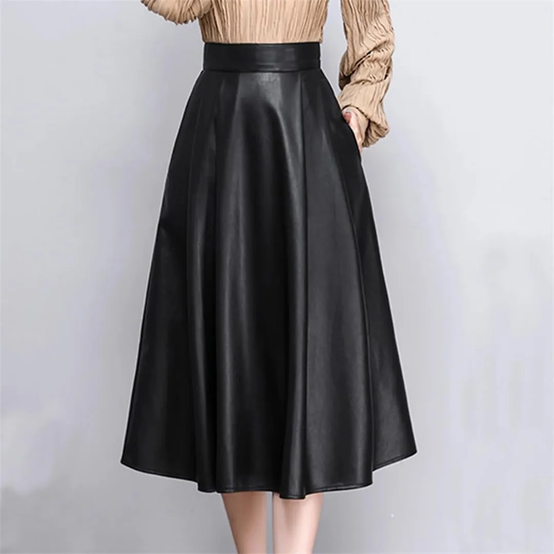 Elegant Solid PU Leather Skirts for Women High Waist Pleated A-Line Midi Skirts