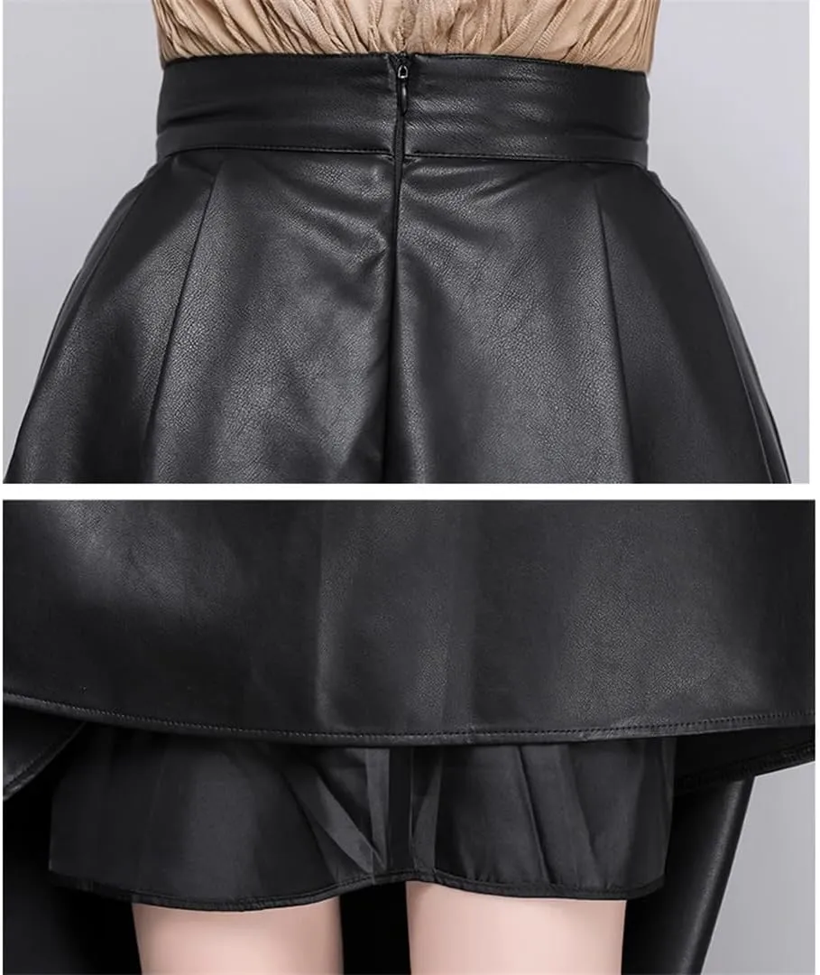 Elegant Solid PU Leather Skirts for Women High Waist Pleated A-Line Midi Skirts