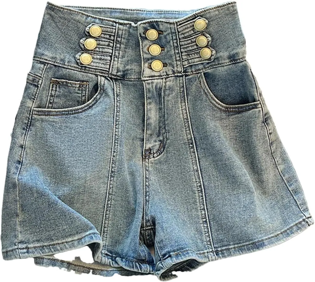 Elegant Three Breasted Denim Shorts Women Spring Summer High Waisted Wide Leg Jeans Fashion Double Pocket Slim Fit Shorts
