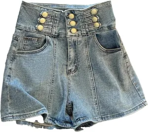 Elegant Three Breasted Denim Shorts Women Spring Summer High Waisted Wide Leg Jeans Fashion Double Pocket Slim Fit Shorts