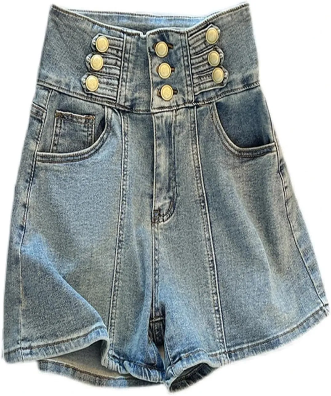 Elegant Three Breasted Denim Shorts Women Spring Summer High Waisted Wide Leg Jeans Fashion Double Pocket Slim Fit Shorts