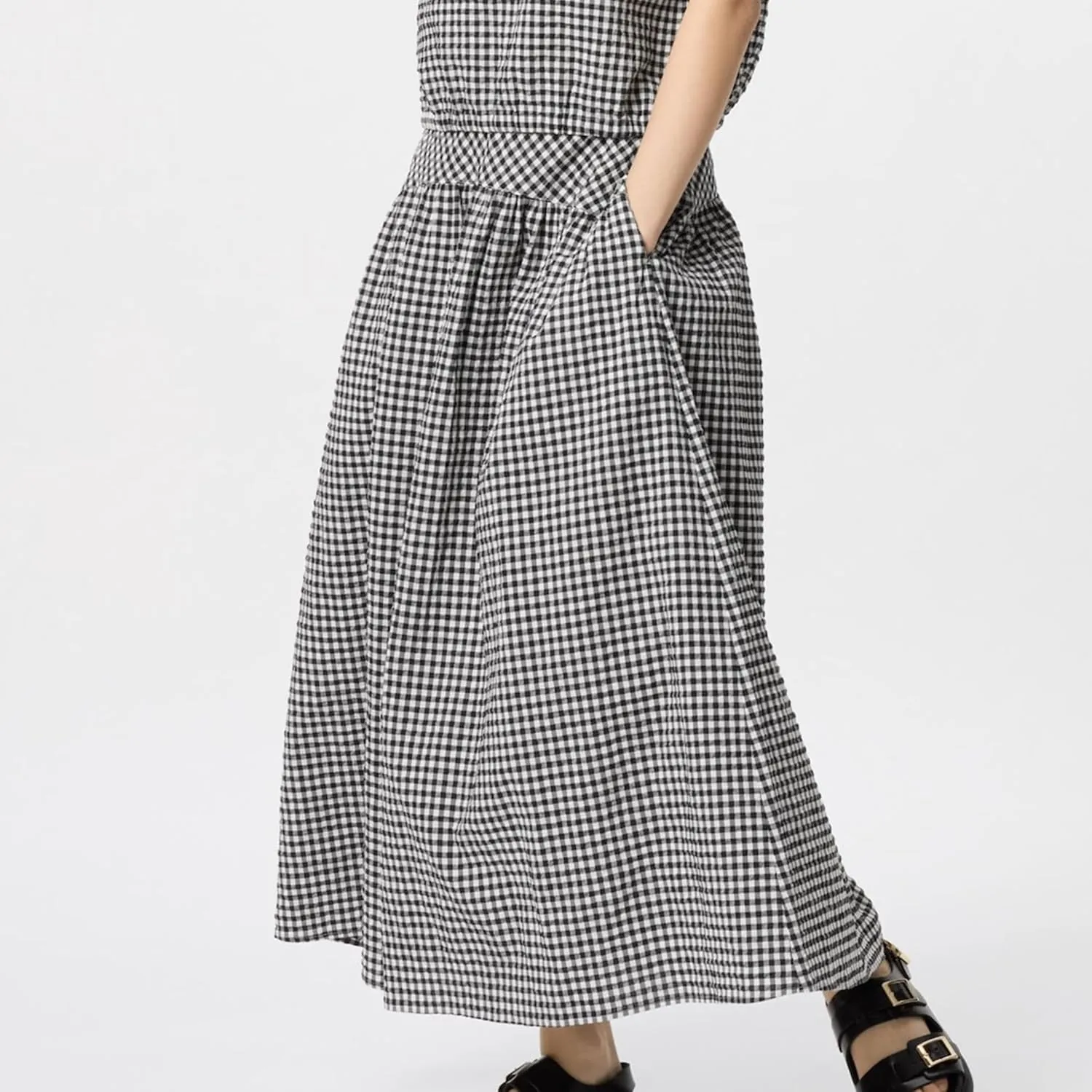Elegant Women Maxi Skirts Wide Elastic Waist Plaid Gingham Dress Summer Beach Vacation Clothes with Pockets