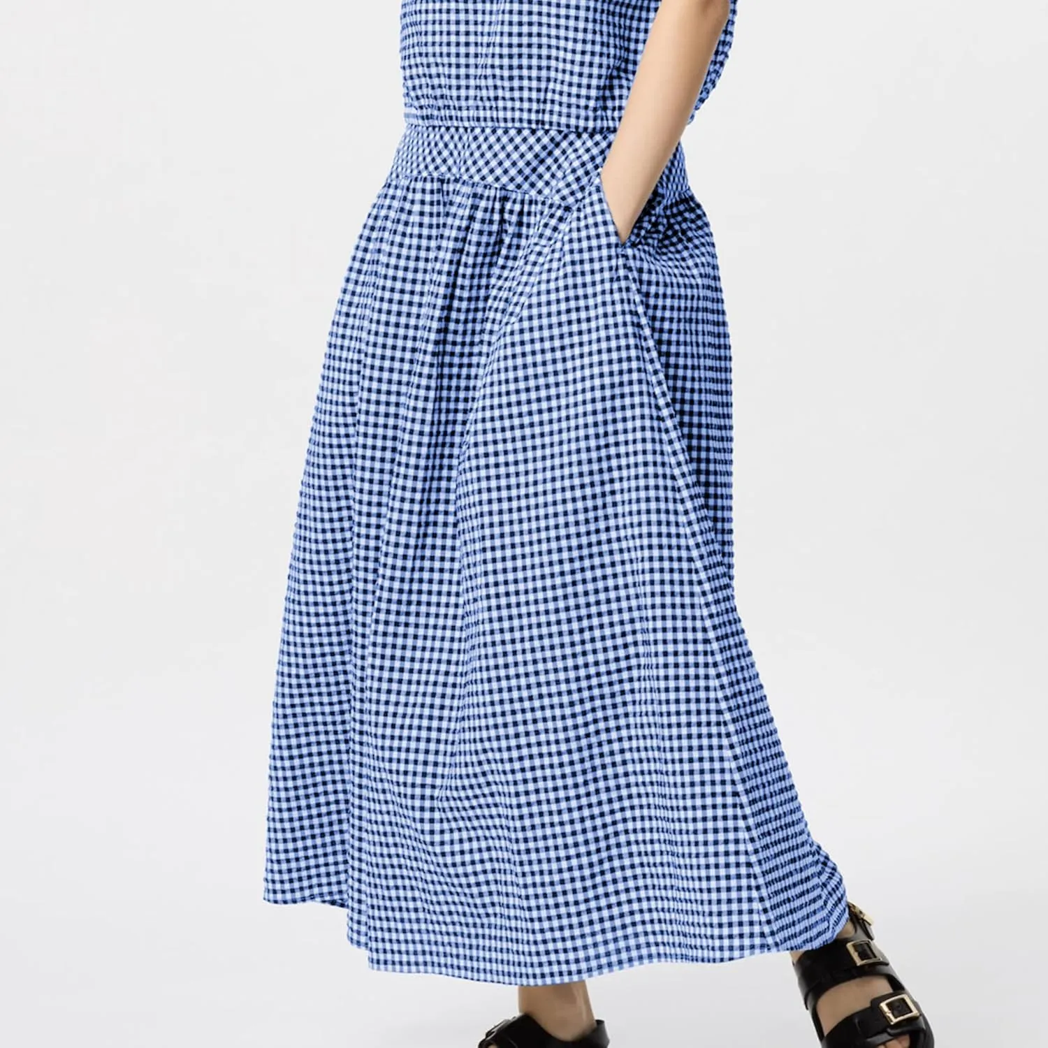 Elegant Women Maxi Skirts Wide Elastic Waist Plaid Gingham Dress Summer Beach Vacation Clothes with Pockets