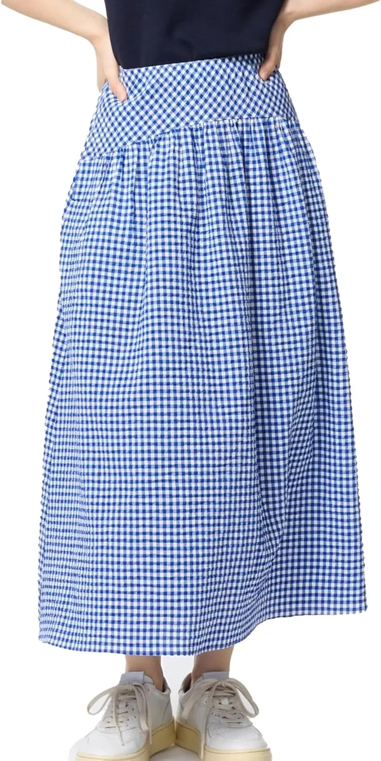 Elegant Women Maxi Skirts Wide Elastic Waist Plaid Gingham Dress Summer Beach Vacation Clothes with Pockets