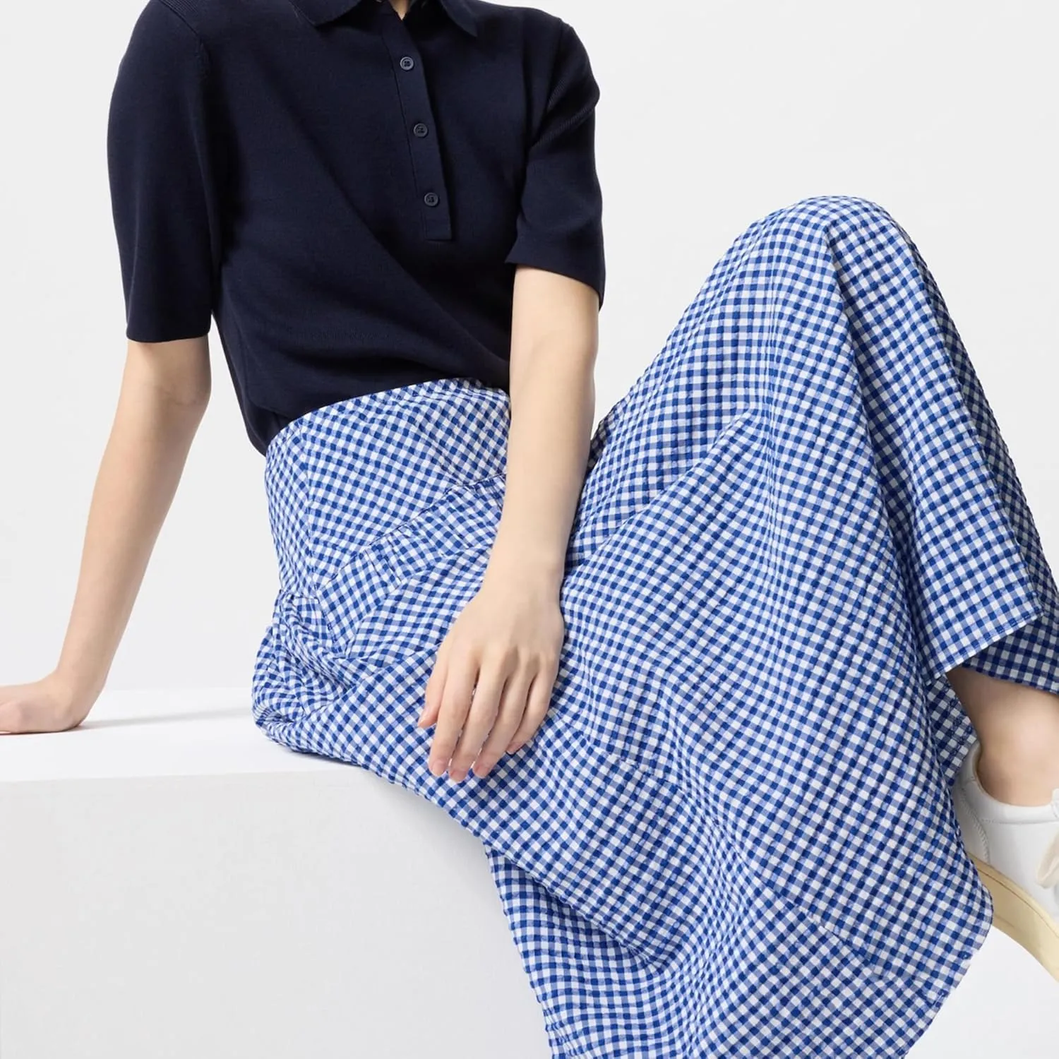 Elegant Women Maxi Skirts Wide Elastic Waist Plaid Gingham Dress Summer Beach Vacation Clothes with Pockets