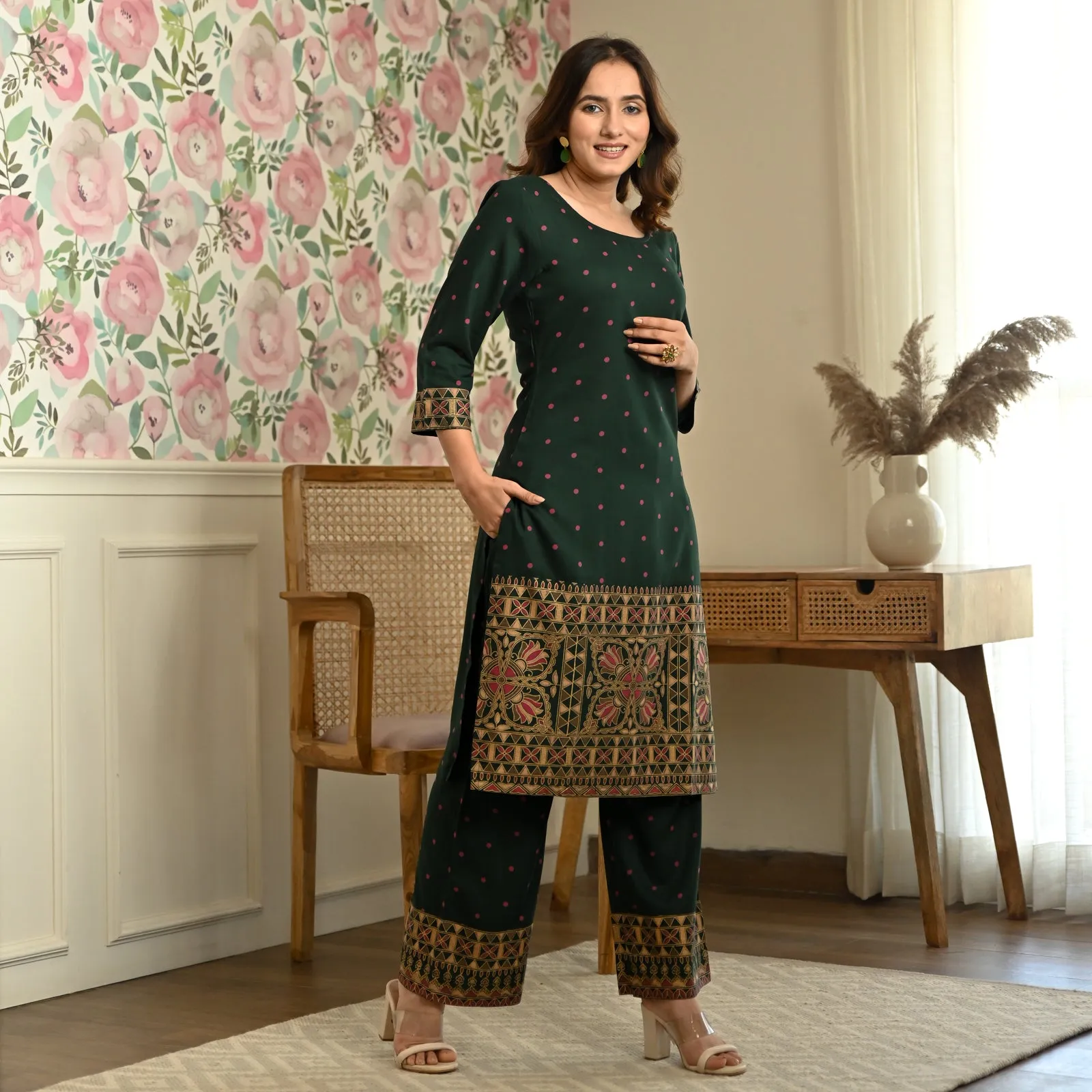 Emerald Green Polka Kurta Pant Co-ord Set