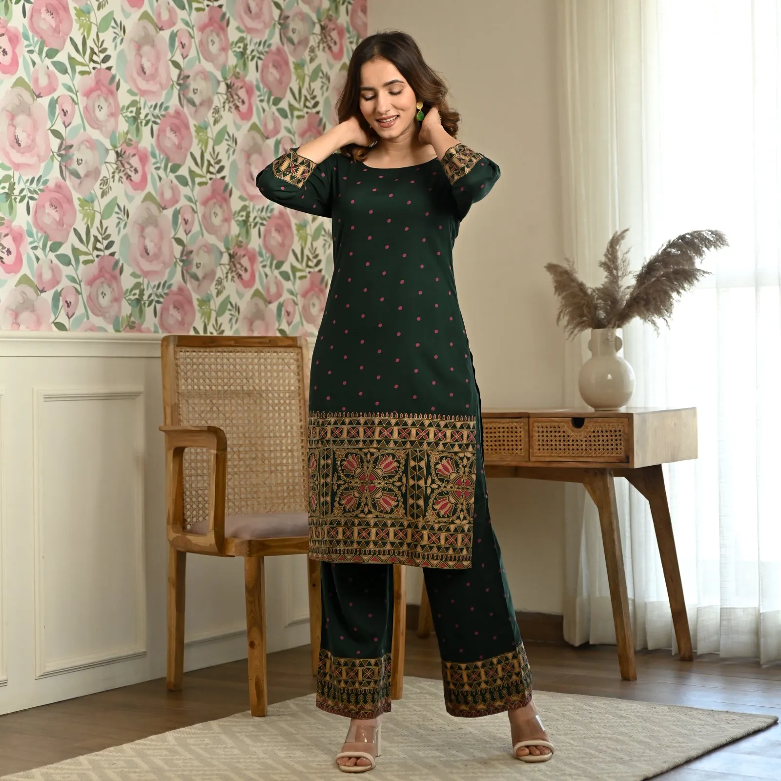 Emerald Green Polka Kurta Pant Co-ord Set
